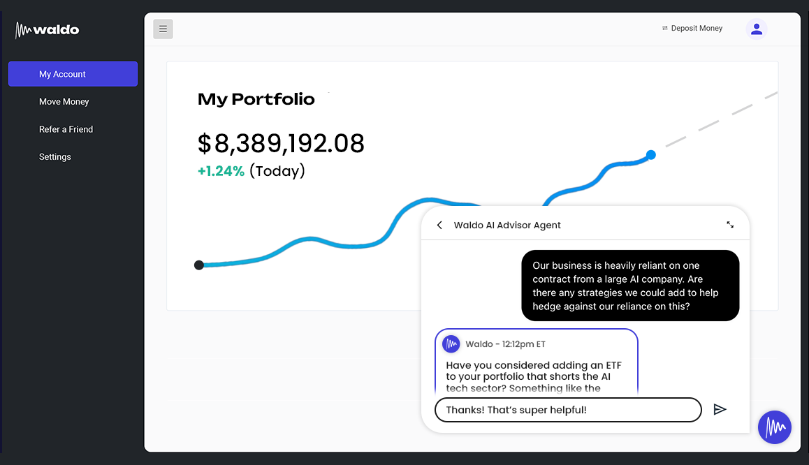Waldo AI advisor chat interface showing portfolio insights